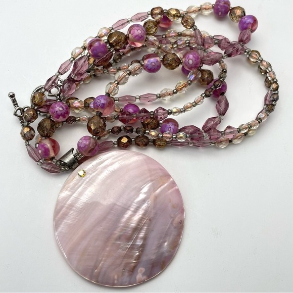 Pink Mother of Pearl Shell Pendant Multi-strand Necklace - Picture 7 of 12